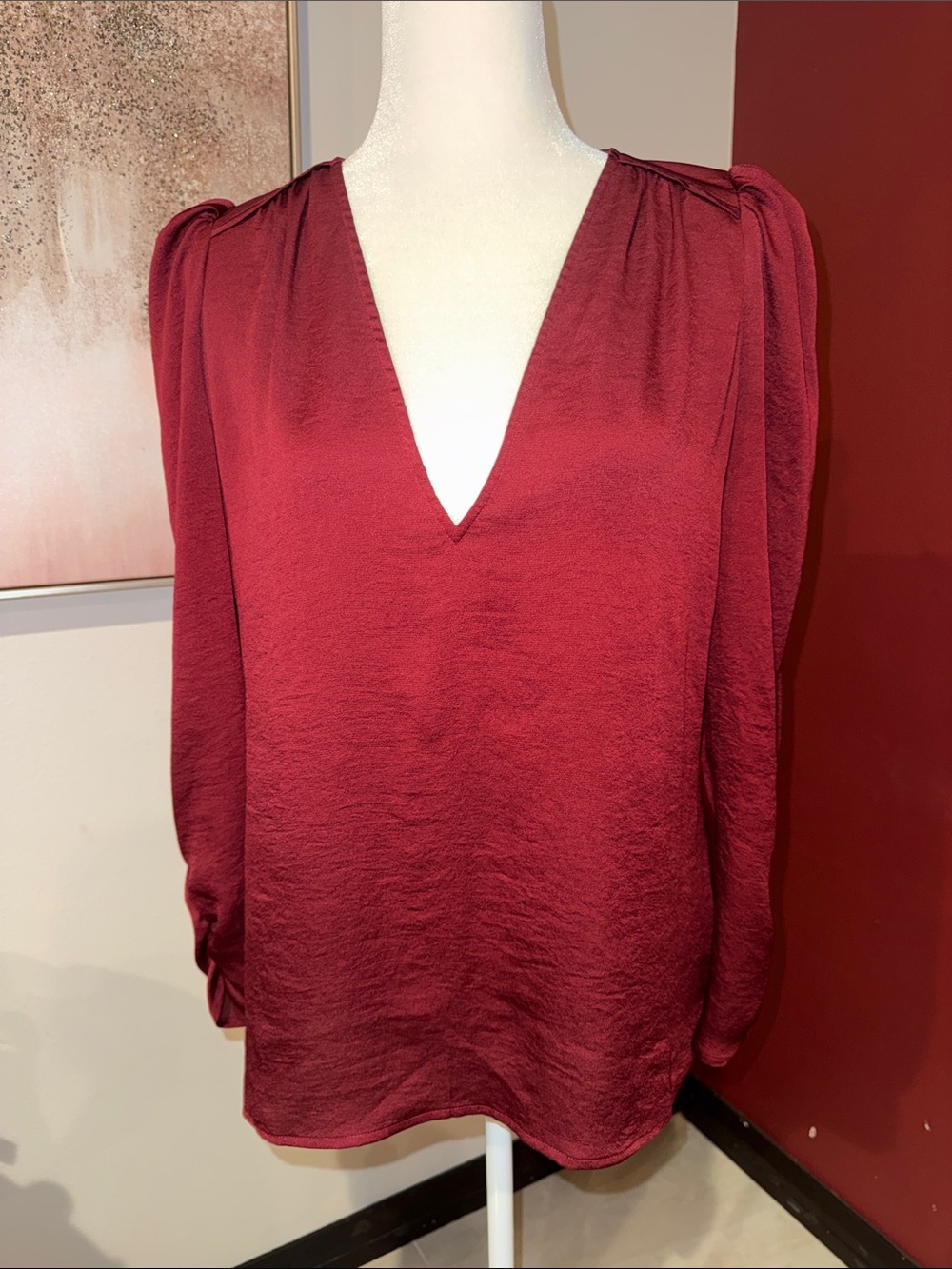 Express Deep V-Neck Long Sleeve Blouse - Burgundy